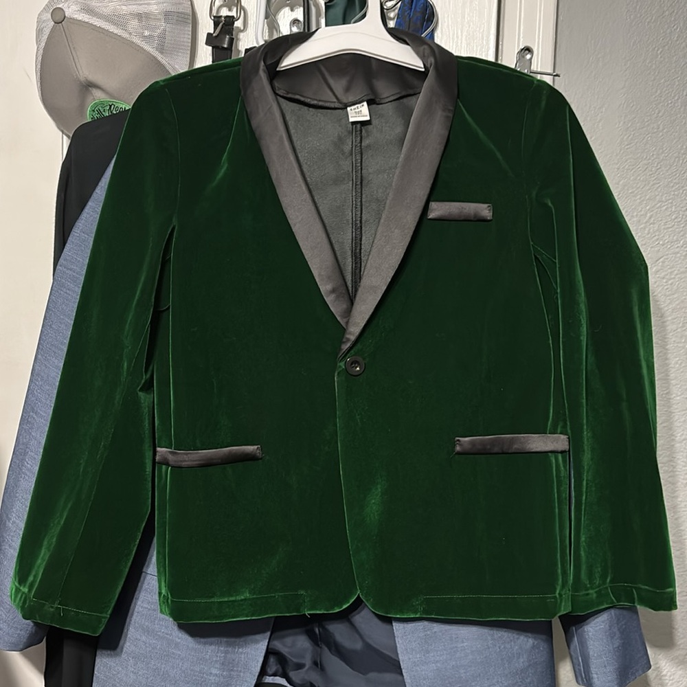 Boys Green Velvet Blazer with Black Satin Lapel